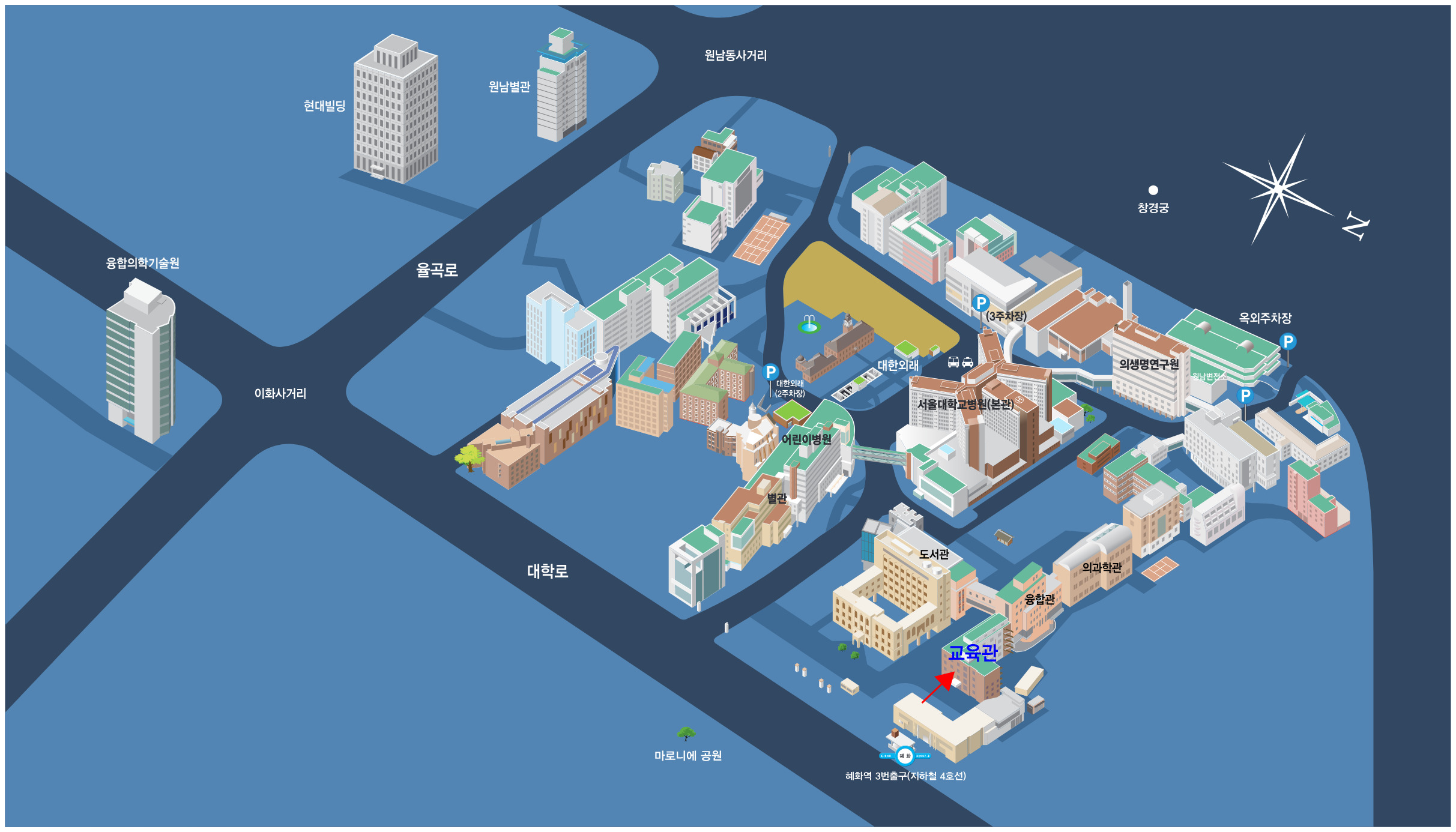 Campus map of the Medical Research Collaborating Center (MRCC), Seoul National University Hospital — located in the Education Building of Seoul National University College of Medicine near Exit 3 of Hyehwa Station, showing the Main Building, Children's Hospital, Biomedical Research Institute, and Medical Science Building.